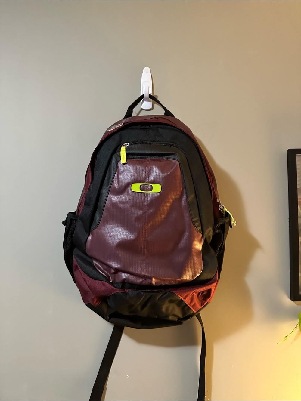 Vintage Oakley Maroon and Black Backpack with Neon Yellow Accents